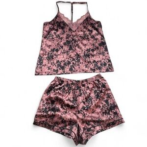 BCBGMaxAzria Pink Black Floral Lace Cami Shorts Pajama Sleepwear Set Size M